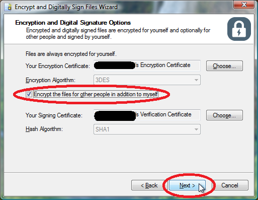 Select Encrypt files for other people in addition to myself. Click Next.
